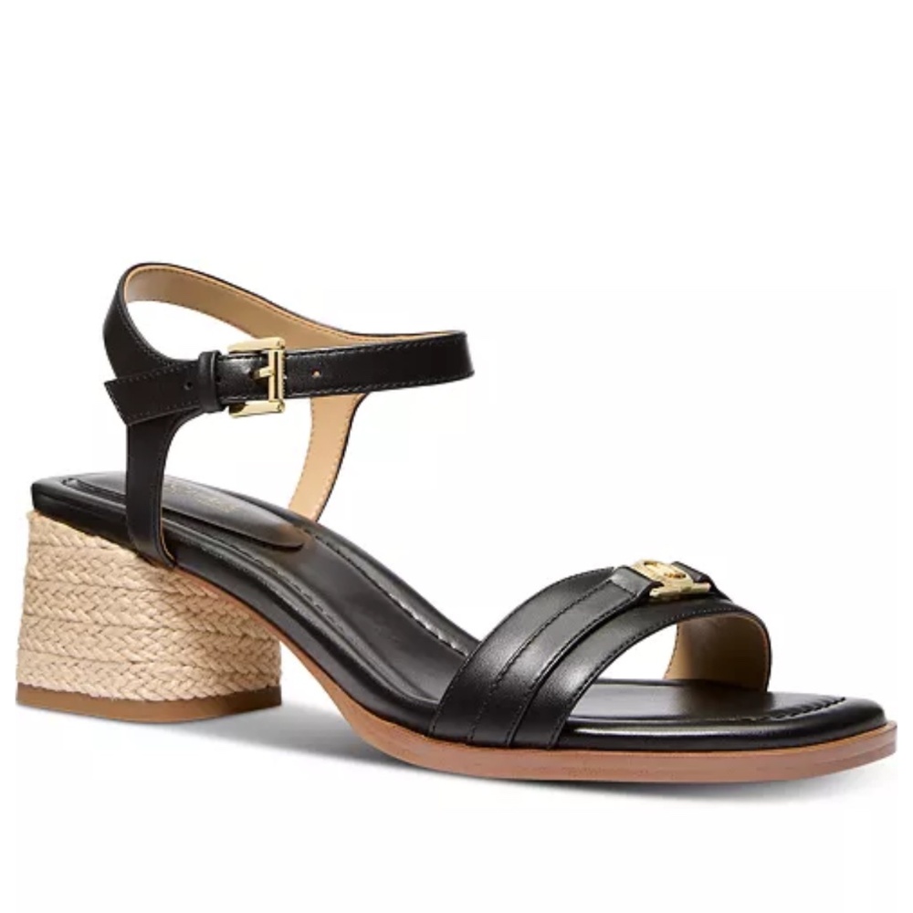 New MICHAEL Michael Kors Mandy Rope Detail Mid-Heel Black Sandals
